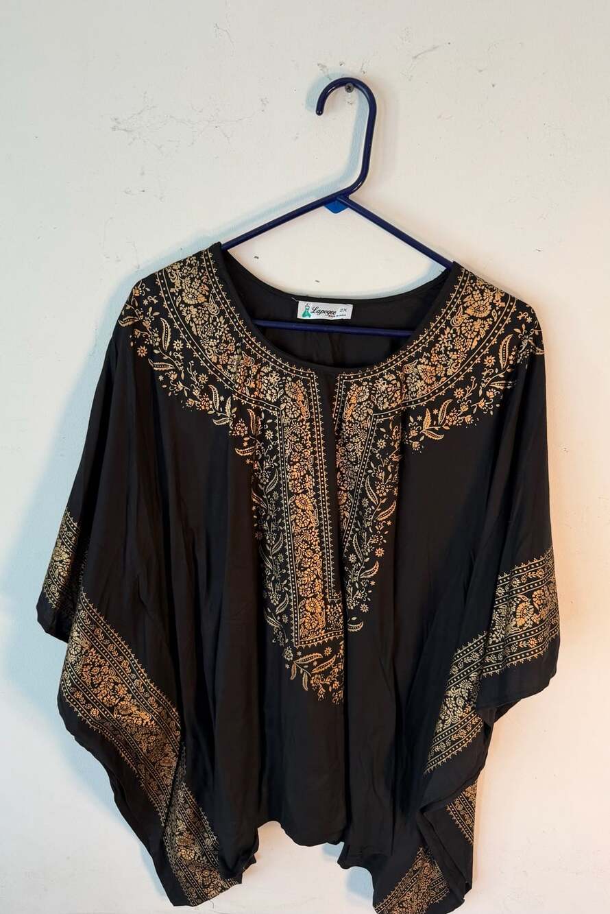 Lapogee Kaftan Size 2X Black Gold Embroidered Boho Top